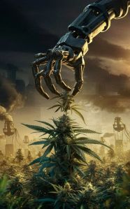 A robotic hand representing the government reaches down to pluck up the cannabis industry. 