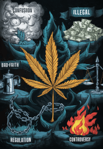 Golden cannabis leaf on blue black background surrounded going clockwise starting at twelve: money with the word Illegal, Fire with the word controversy, chains with the word regulation, bad faith, and 