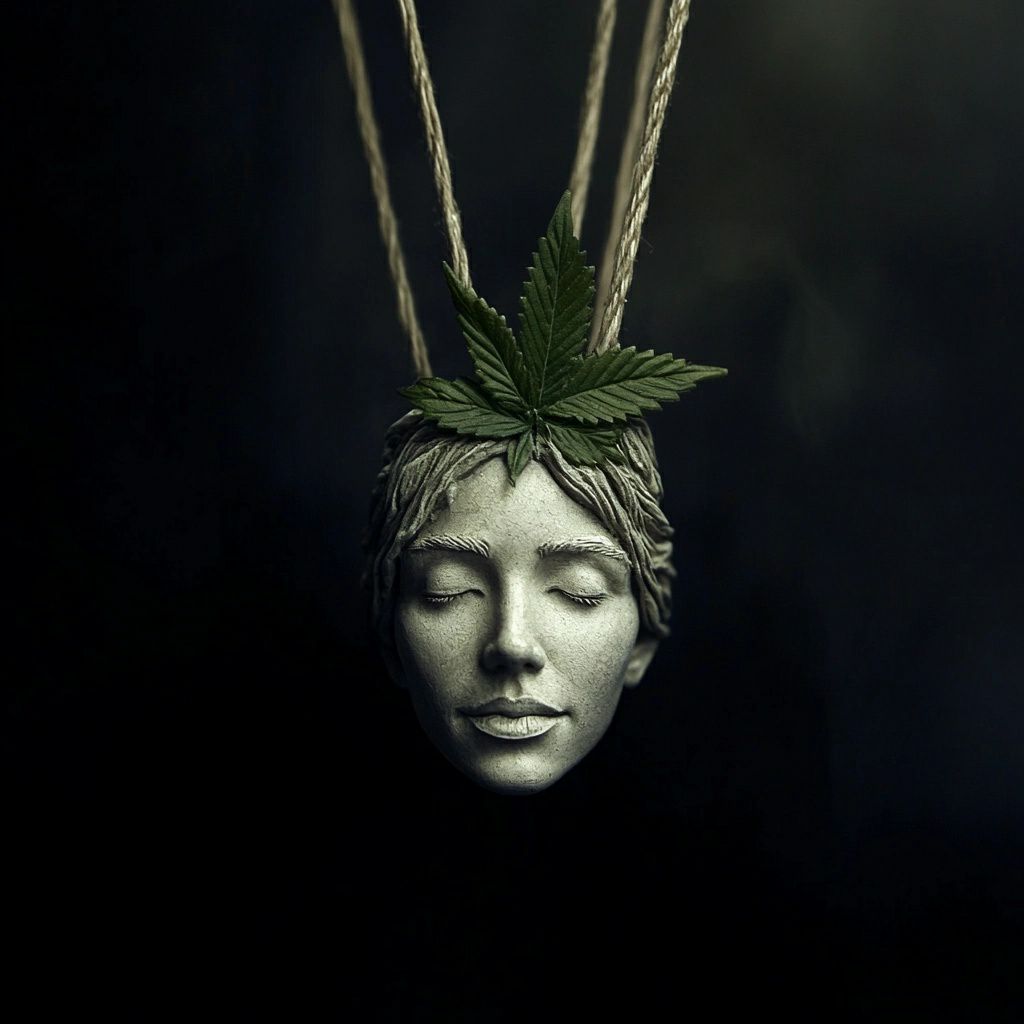Disembodied head held by lines from above with cannabis on the mind. This symbolizes how detached from reality we can become if we allow big business to psychologically exploit us. 
